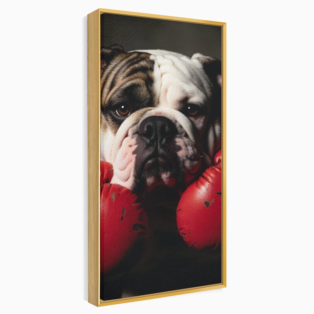 Tablou canvas cu tablou canvas cu bulldog in manusi de box, in rama de aluminiu auriu